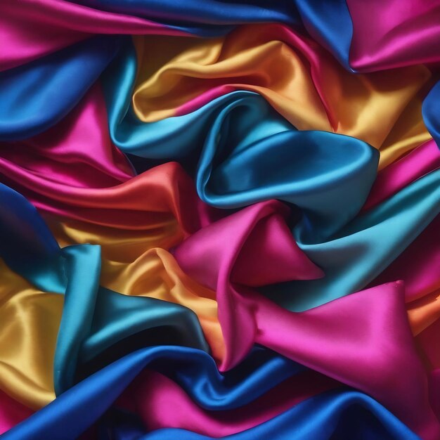 Colorful silks are displayed on a blue background