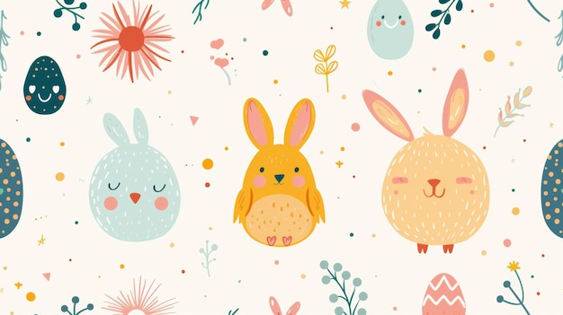 Photo colorful simple easter background a collection of colorful eggs and delicate flowers rabbits and chickens located on a white background generative ai