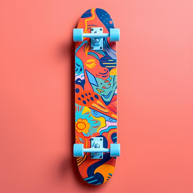 A colorful skateboard with a blue and orange design on it.