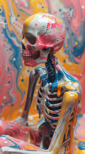Foto uno scheletro colorato è seduto di fronte a uno sfondo colorato nello stile dell'espressionismo astratto fluido ai generativa
