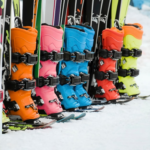 Photo colorful ski boots in a row