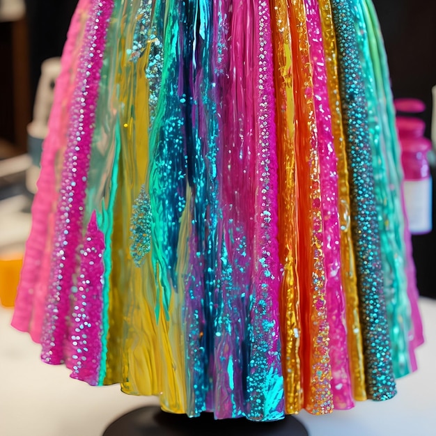 A colorful skirt with sequins on it is on a table.