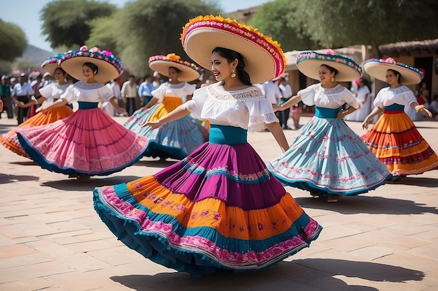 写真 メキシコの伝統的なダンスでは色とりどりのスカートが飛ぶ