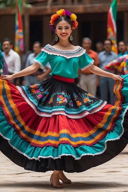 Photo colorful skirts fly during traditional mexican dancing generative ai