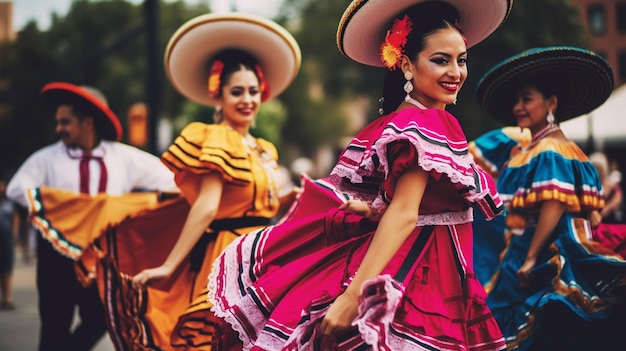 Colorful skirts fly during traditional Mexican dancing Generative ai