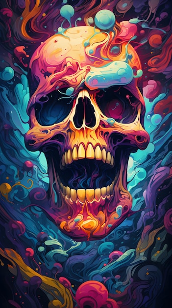 Colorful skull art illustration for wallpaper background etc