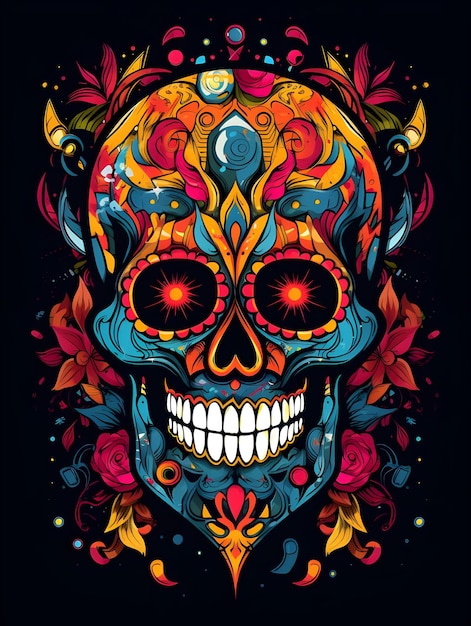 Colorful skull art with flower design skull tshirt design art