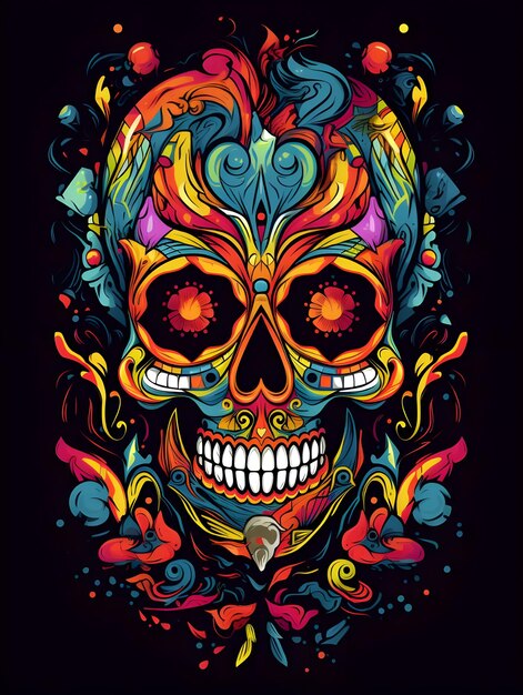 Colorful skull art with flower design skull tshirt design art