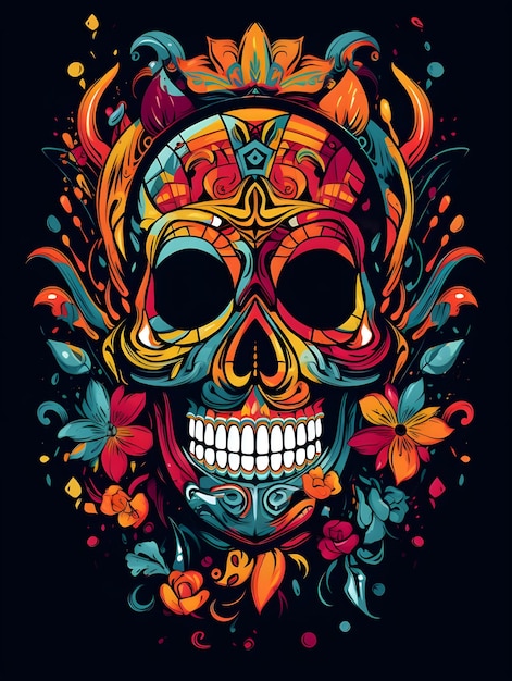 Colorful skull art with flower design skull tshirt design art