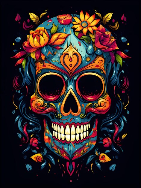 Colorful skull art with flower design skull tshirt design art