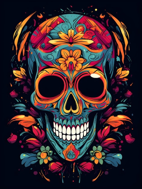 Colorful skull art with flower design skull tshirt design art