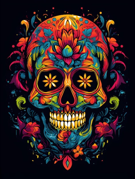 Colorful skull art with flower design skull tshirt design art