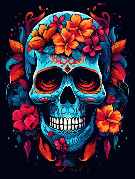 Красочное искусство черепа с цветочным дизайном, дизайн футболки с черепом, искусство