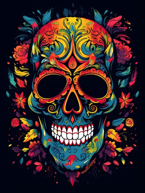 Colorful skull art with flower design skull tshirt design art