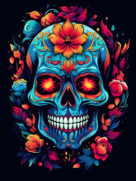 꽃 디자인 해골 티셔츠 디자인 아트가 포함된 다채로운 해골 예술