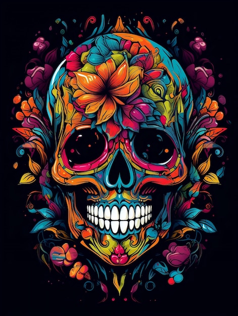 Colorful skull art with flower design