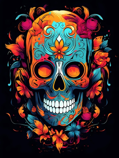 Colorful skull art with flower design