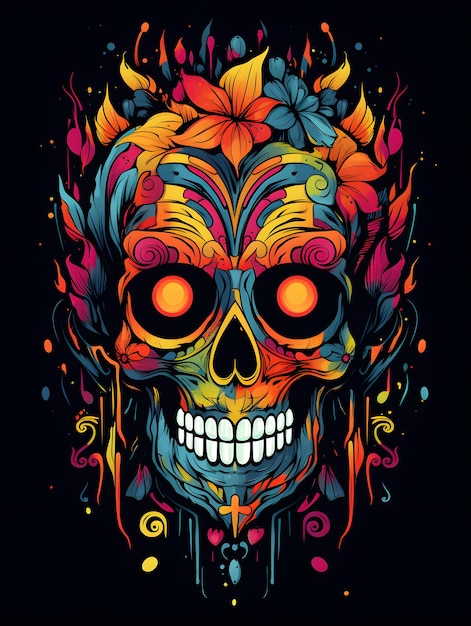 Colorful skull art with flower design