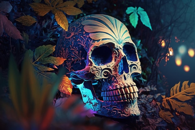 A colorful skull in the dark with a floral pattern on it.