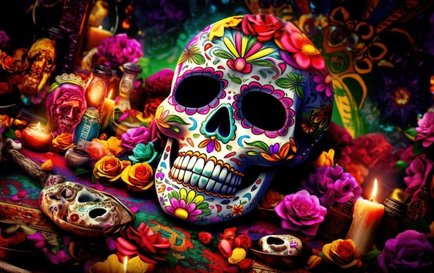 colorful skull day of the dead altar background