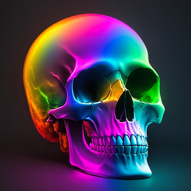 A colorful skull is lit up with a rainbow light