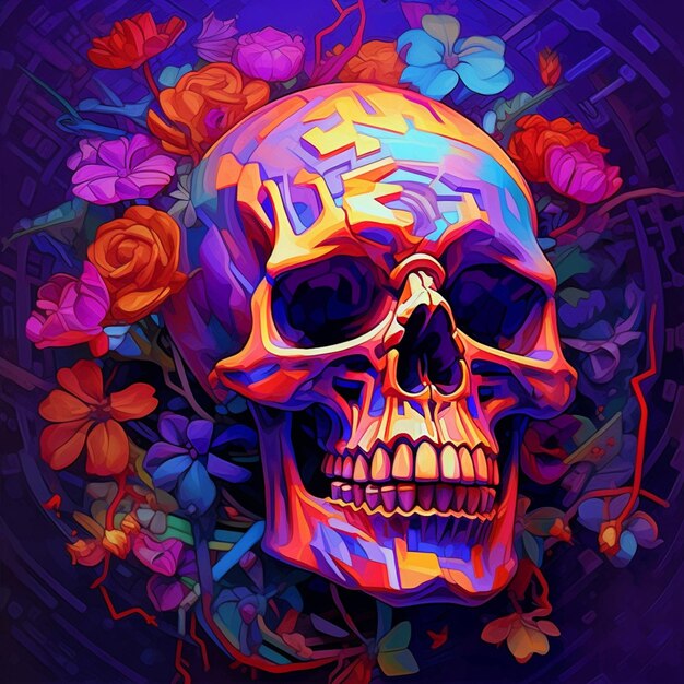 カラフルな頭蓋骨がバラと紫色の背景に囲まれています。