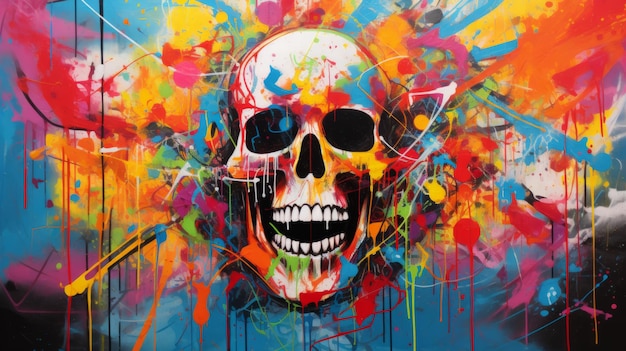 A Colorful Skull Painting with Splatters of Paint
