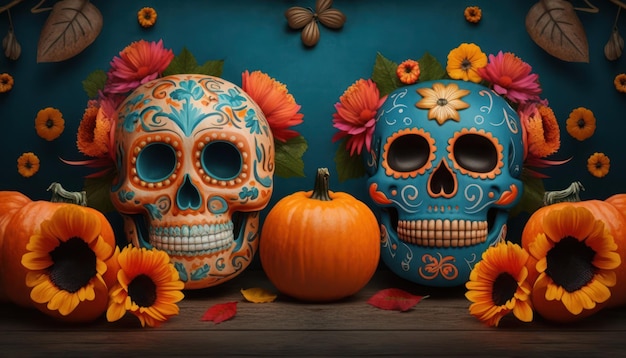 A colorful skull and pumpkins are displayed in front of a blue background.