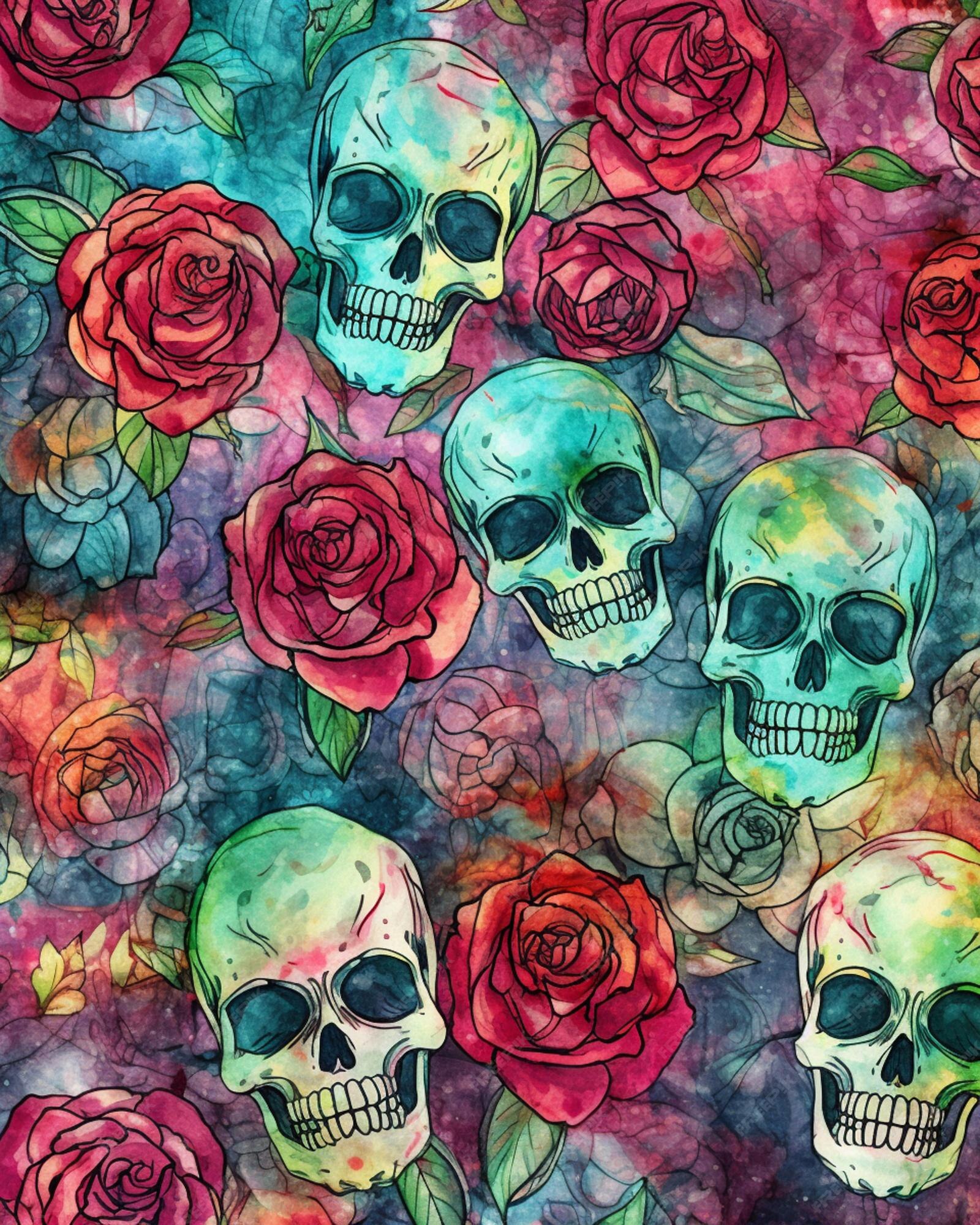 Premium AI Image A colorful skull and roses pattern with a skull and