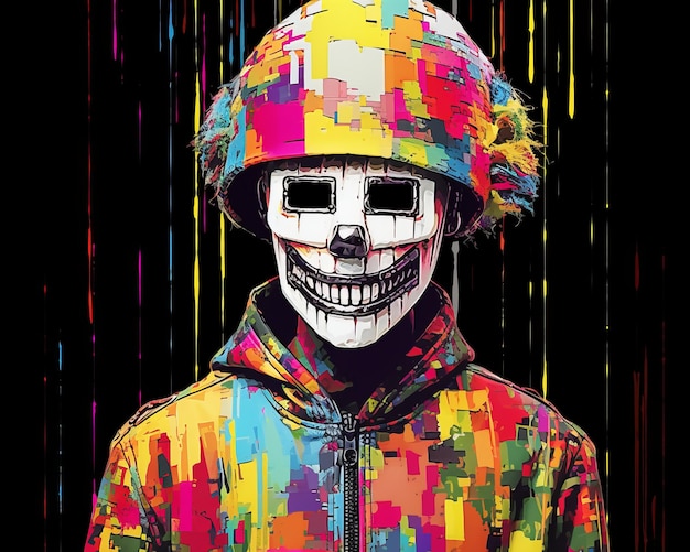 a colorful skull wearing a colorful jacket and hat