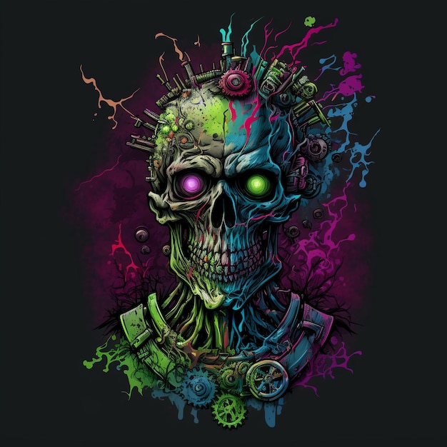 A colorful skull with a black background and a green and purple light on it