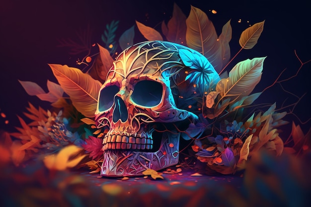 A colorful skull with a black background and leaves.