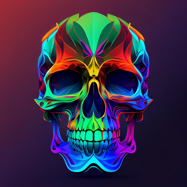 A colorful skull with a black background and a red background.