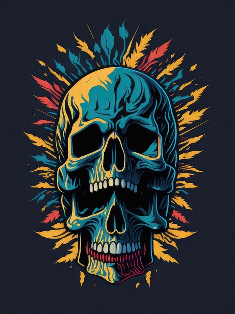 A colorful skull with a black background and yellow and red colors