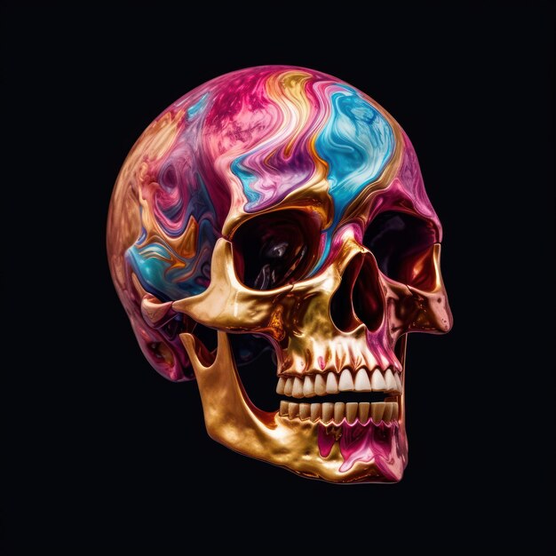 A colorful skull with a black background