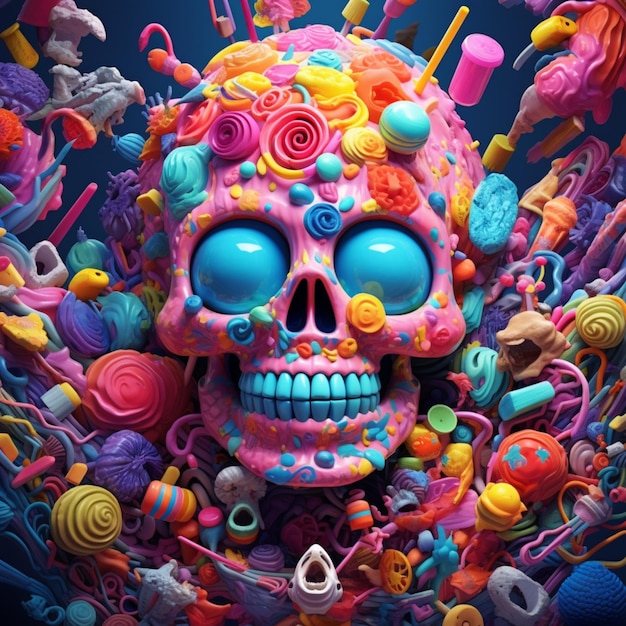 A colorful skull with a blue eye and candy on it