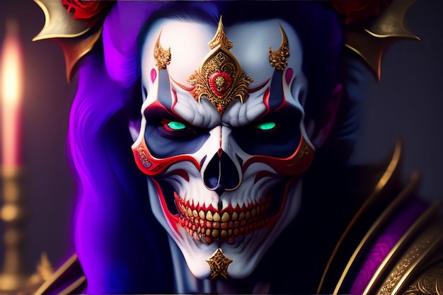 Photo a colorful skull with blue eyes and a purple and gold skull with a red heart on the face.