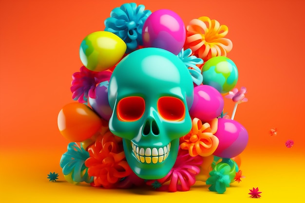 A colorful skull with a colorful background and the word day on it.