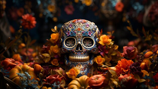 A colorful skull with a dark background