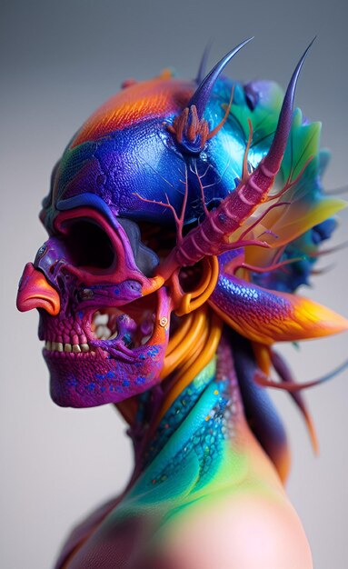 A colorful skull with a dragon tail on the face