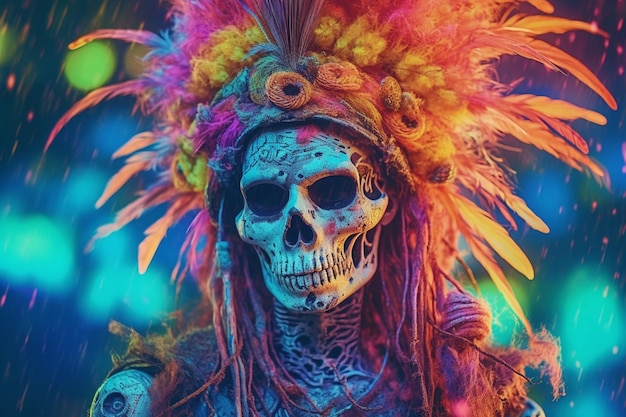 A colorful skull with feathers on it.