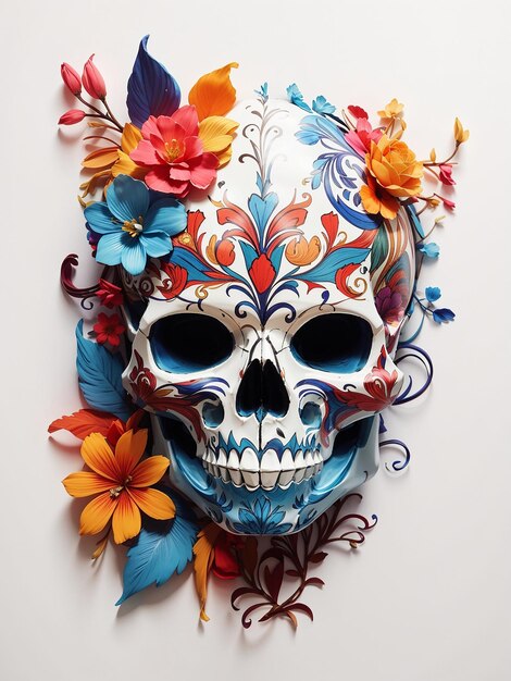 A colorful skull with a floral design on a white background