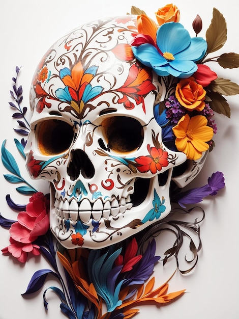 A colorful skull with a floral design on a white background