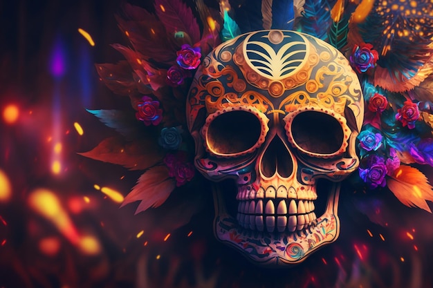 A colorful skull with a floral pattern on it