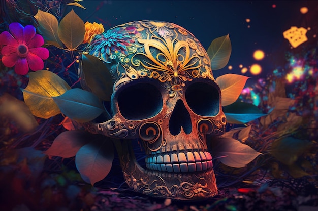 A colorful skull with a floral pattern on it