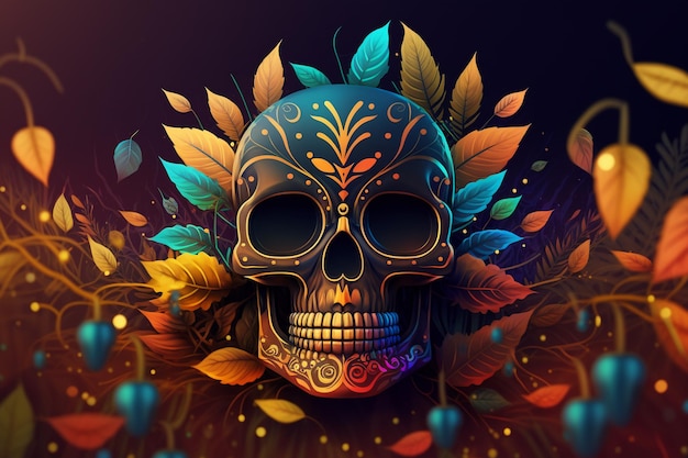 A colorful skull with a floral pattern on it