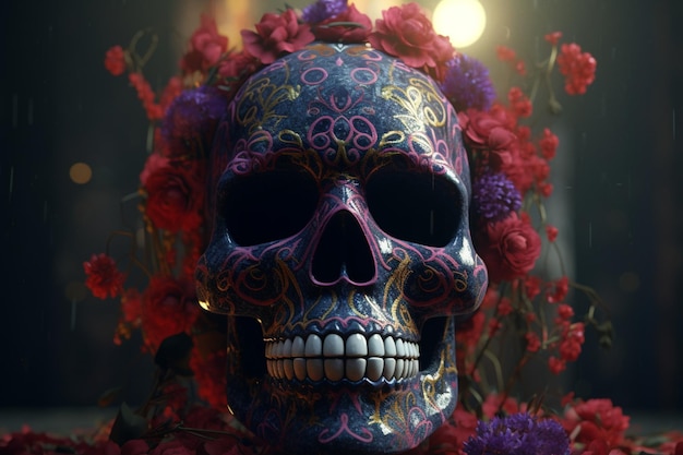 A colorful skull with a floral pattern on it