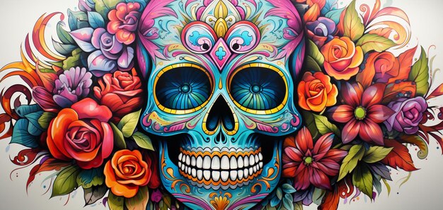 colorful skull with flower background