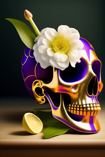 A colorful skull with a flower on it