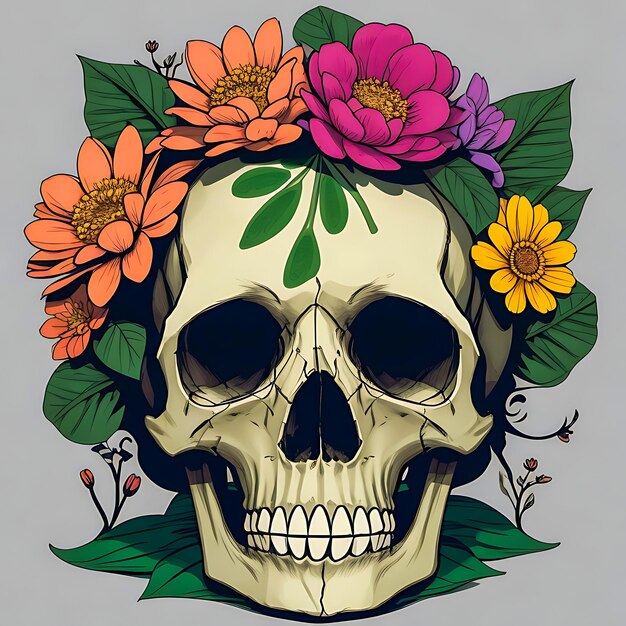 A colorful skull with flowers and green leaves on it generative AI